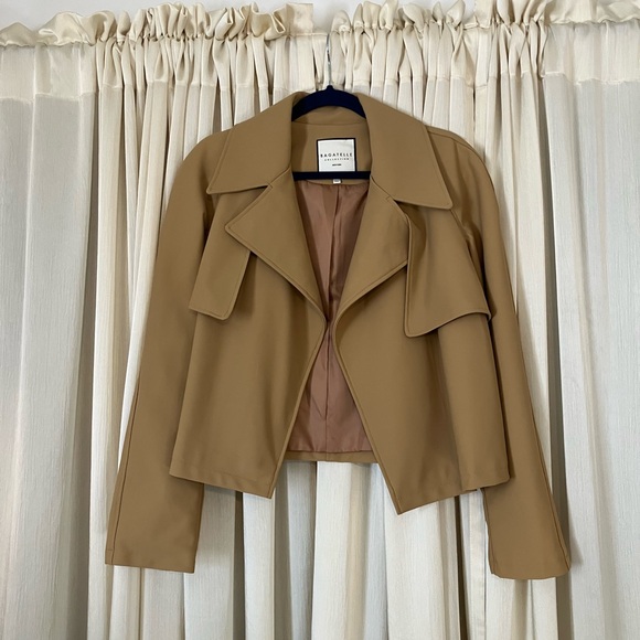SOLD - Bagatelle Tan Camel Open Front Cropped Trench Jacket Blazer Size Large - Picture 13 of 13